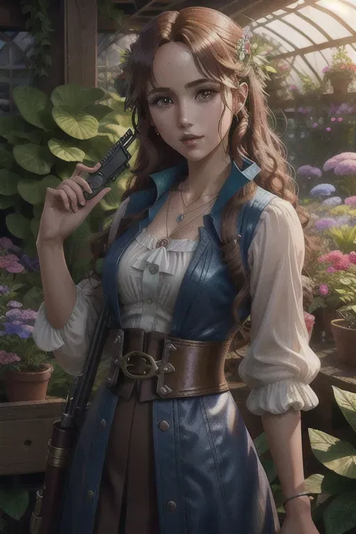 a illustration of,asuna yuuki,wearing willy wonka,shooting from a high point,in a lush greenhouse,five slender fingers,curly hair,charming face,beautiful lips,blue eyes,curved eyebrows,satisfaction,wearing necklace,unreal engine,editorial,studio lighting,bokeh,artstation