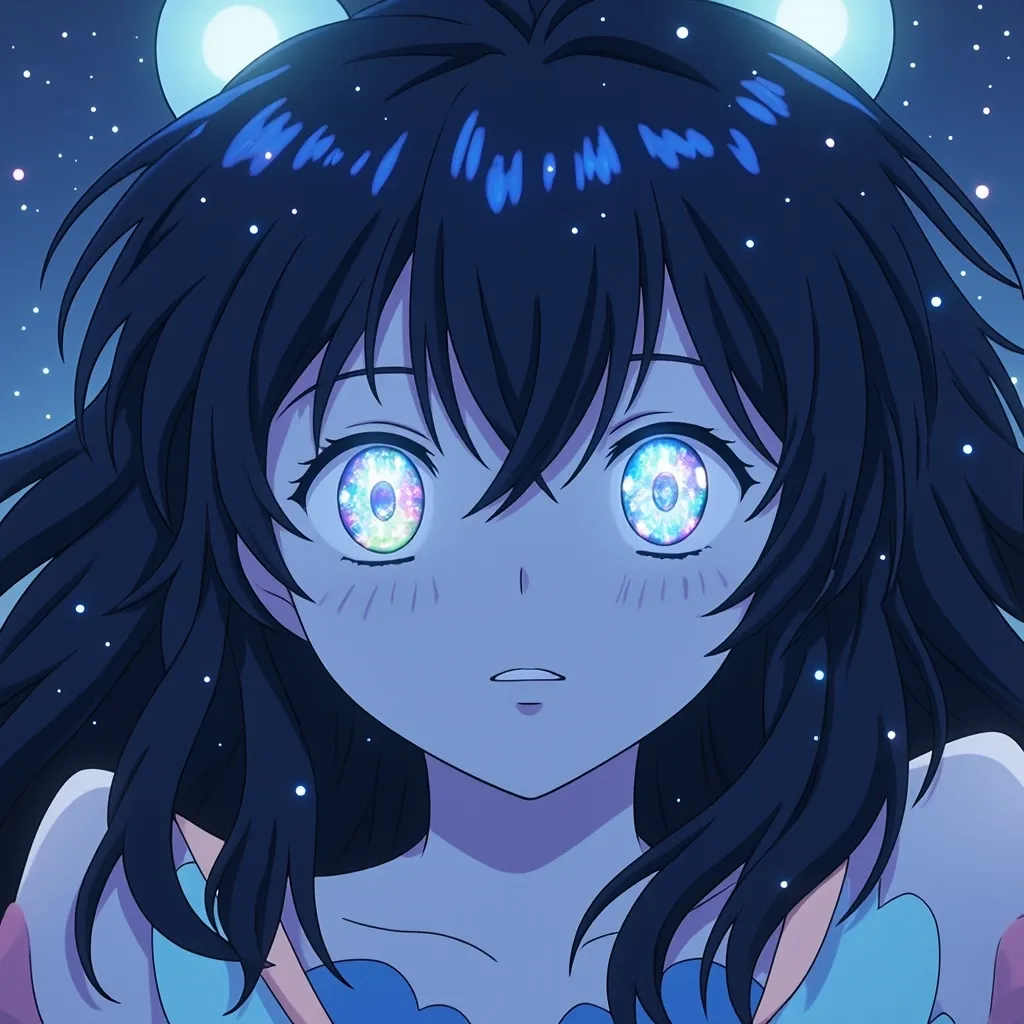 Anime Studio Ghibli, cute cosmic goddess, glowing eyes, universe in eyes, iridescent, hypnotic eyes, ultra-detailed, waist-up, maximalist