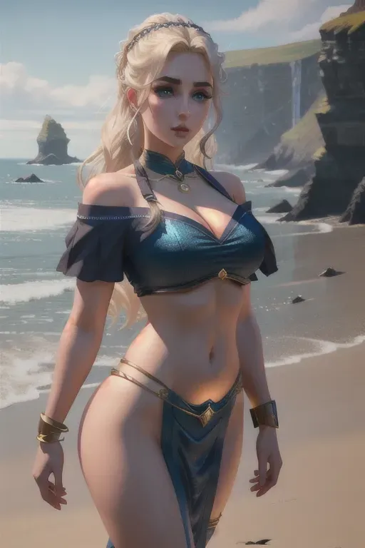 a welsh girl,standing,coast of wales,amazing breasts,five fingers per hands,beautiful face,beautiful lips,blue eyes,curved eyebrows,curved eyelid,textured skin,peaceful,anklets,8k,professional,unreal engine,bokeh,pixiv