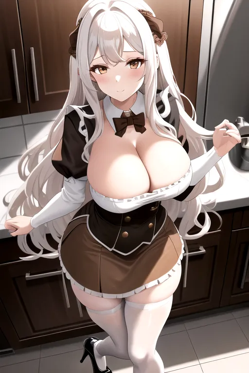 brown maid uniform, wavy hair, long hair, white hair, brown eyes, high heels, miniskirt, in kitchen, 4k, looking at viewer, pov, 1girl, cleavage, giant breasts, pale skin