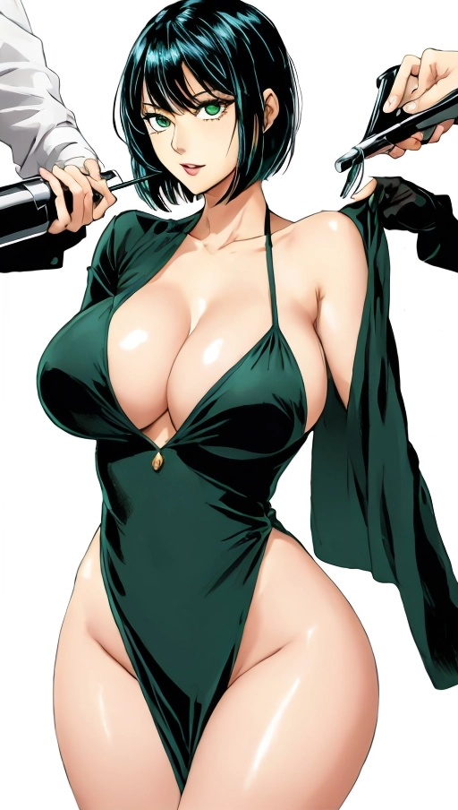 (((Busty Fubuki from Onepunch-man with short hair with bangs gigantic boobs wearing long green evening gown and lacy green gloves)) (((straight hair with bangs and no ponytail))) ((small waist and toned stomach)) (((32GGG-28-30 measurements))) (((high definition))) (((oiled skin))) (((shiny skin))) (((gigantic boobs))) (((maximum sized boobs))) (((huge nipples))) (((sagging boobs))) (shaved pussy) (((best highlights))) (((soft filter))) (((eyes in focus)))