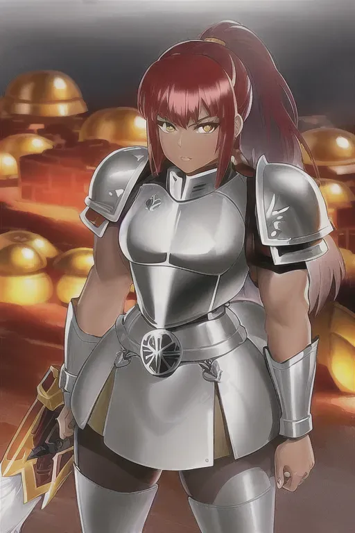 ((Fantasy knight wearing armor)),forest background,dark skin,red hair, woman,yellow eyes,small breasts,((silver breastplate)),((baggy pants)),((large fox ears)),fox tail,tattoos,wide hips,short hair,ponytail,((wild hair)),very tall woman,curvy,((thick muscular arms)),muscular,stern serious face,studio lighting,surreal,smooth,artstation,professional,