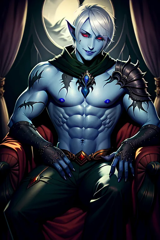 Muscular male drow hunter sitting inside a royal carriage, short hair, confident wicked smile, scars, red eyes