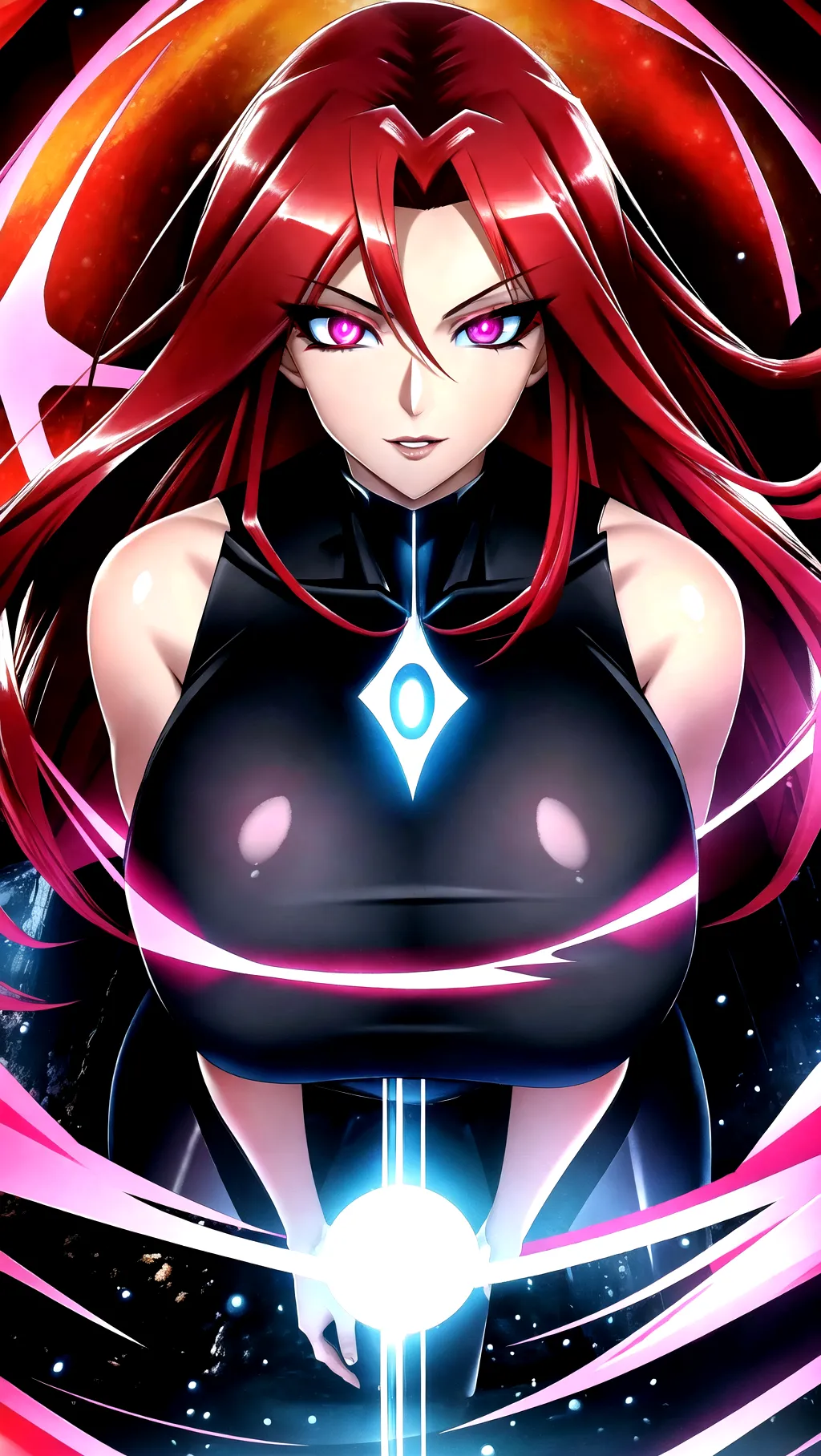 Hyper resolution, extreme details, 8K resolution, masterpiece, very high quality, ray tracing, perfect lighting, perfect shadows,
A sexy witch with massive boobs and perfect red hair, wide hips, skinny waist, long legs, naughty face, perfect face, perfect eyes, extreme eye detail, extreme face details, bright glowing eyes, ((glowing eyes)), magic eyes, symmetrical eyes,
