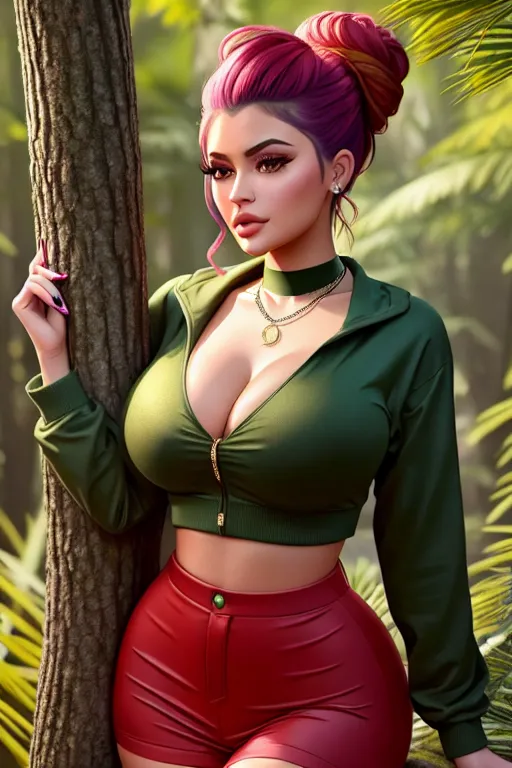 a color pencil draw of,kylie jenner,wearing burger clothes,leaning against the wall,in the forest,big breasts,five fingers per hand,updo hair,beautiful face,beautiful lips,green eyes,curved eyebrows,curved eyelid,peaceful,wearing necklace,unreal engine,artstation,bokeh,smooth,sharp focus
