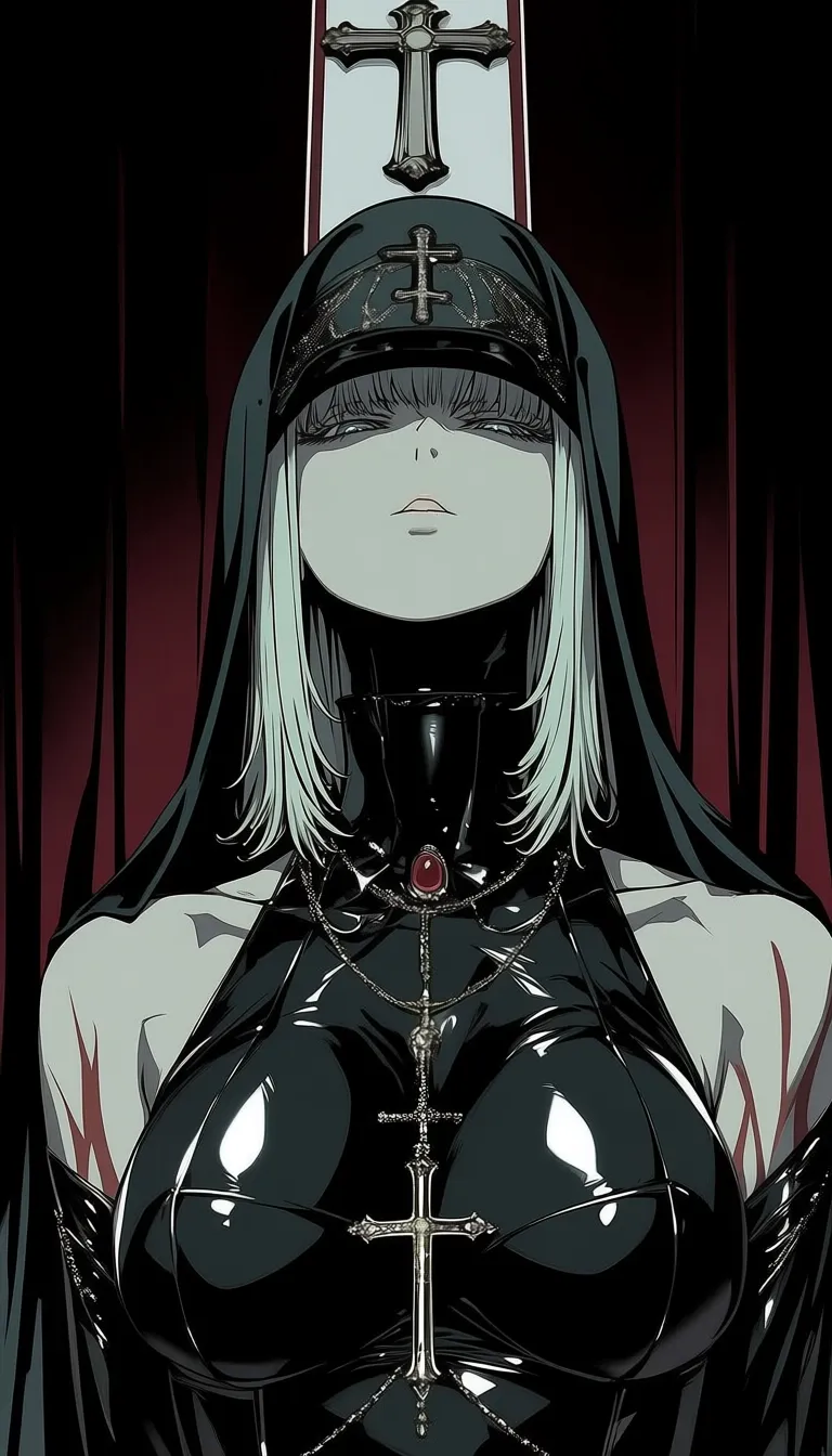 dark_art_style, 1girl, solo, alone, nun, cross necklace, masterpiece, highres