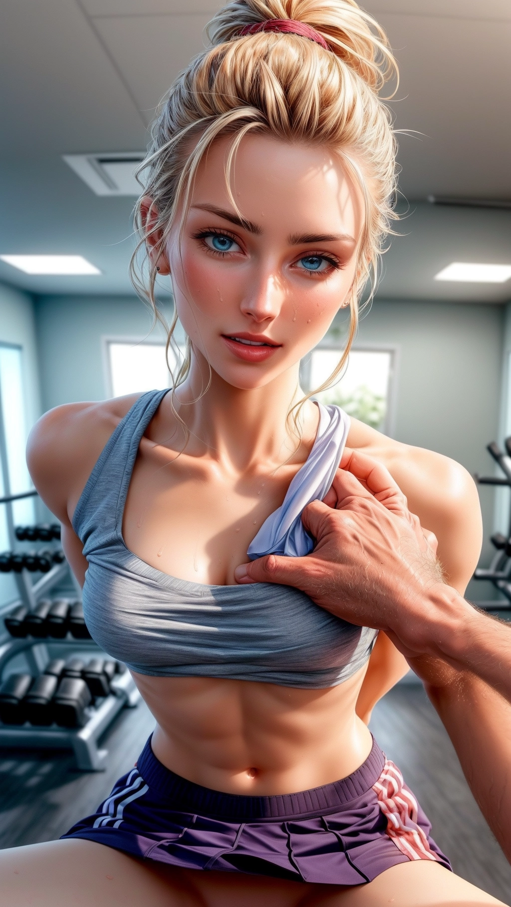 (POV), (I am giving a lewd massage to a sexy woman as I undress her), disheveled workout outfit, groping, fondling, caressing, lifting skirt to expose spread pussy, (hand under clothing), Upskirt,
dynamic angle, hyperrealistic, masterpiece,
<lora:dpmg_add_detail:1>,