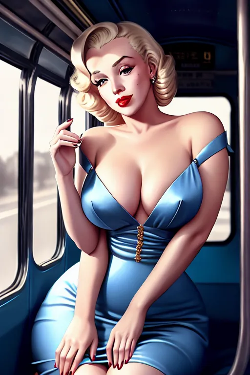 a digital painting of,marilyn monroe,wearing frock,squatting,in the bus,amazing breasts,five fingers per hand,braids hair,charming face,beautiful lips,blue eyes,curved eyebrows,curved eyelid,smooth skin,wearing golden ring,pixiv,professional,studio lighting,artstation,editorial