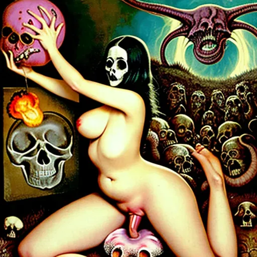 Orgy, fisting, giving birth a skull, giant alien penis, in the art style of Frank Frazetta, (In the art style of H. R. Giger), In the art style of Hieronymus Bosch, tentacles, mushrooms, multiple penetration, all fours, from behind, huge labia minora, huge vaginal gape, dynamic pose, busty female, raw, 8k