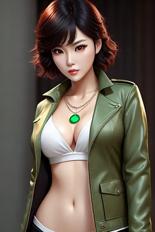 a digital painting of,kim so yeon,wearing jacket,standing,five fingers per hand,short thick hair,charming face,beautiful lips,green eyes,curved eyebrows,curved eyelid,pale skin,erotic,wearing necklace,pixiv,sharp focus,smooth,unreal engine,professional