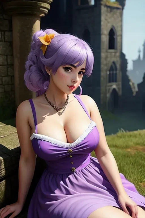 Detailed studio portait, princess peach,23 years old, wearing a torn dress,sitting,in a ruined castle,huge HHH cup breasts,covered in thick white cum, five fingers per hand,straight purple hair,beautiful face,beautiful lips,purple eyes,curved eyebrows,curved eyelid,smooth skin,peaceful,wearing necklace,pixiv,ultra realistic,professional,artstation,editorial