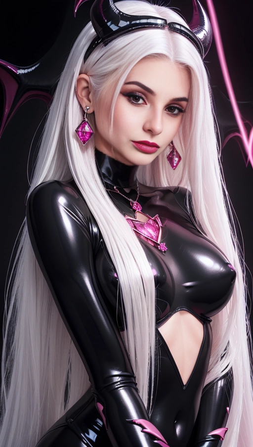 best quality, (((ultra high res))), (((detailed face and eyes))), ((perfect face)), (big shining heart choker), earrings, jewelry, (conjuring), witch, ((very long voluminous hair)), ((((white hair)))), ((((black skintight neckholder)))), ((((pink lipstick)))), ((black long sleeves)), ((glowing heart)), (((demon mark))), ((((straight hair)))), (((Kylie Jenner))), (((((very very long hair))))), (((perfect face and eyes))), (((straight hair))), (black latex suit), ((succubus)), hearts, dark background, (((face closeup))), (((pink diamond diadem))), (black demon horns), (((seductive smile))), (((orgasm))), (((orgasming))), (((jewelry diadem)))