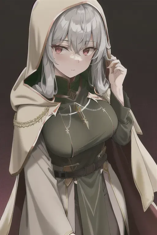 Light earth-toned cloak adorned with sacred symbols, Form-fitting dark green tunic, Earthy-hued pants, Deep burgundy cape draping down back, Hood that can be pulled up, Golden eyes with an intense gaze, Finely crafted silver chain around waist,