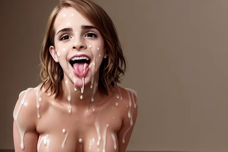 A high res ((full body)) picture of emmawatson naked, dpmg_face_cum_v1, 4k res face, big tits, oiled body, detailed background, milk on body, wide shot, kneeling looking up, tongue out, throat visible
