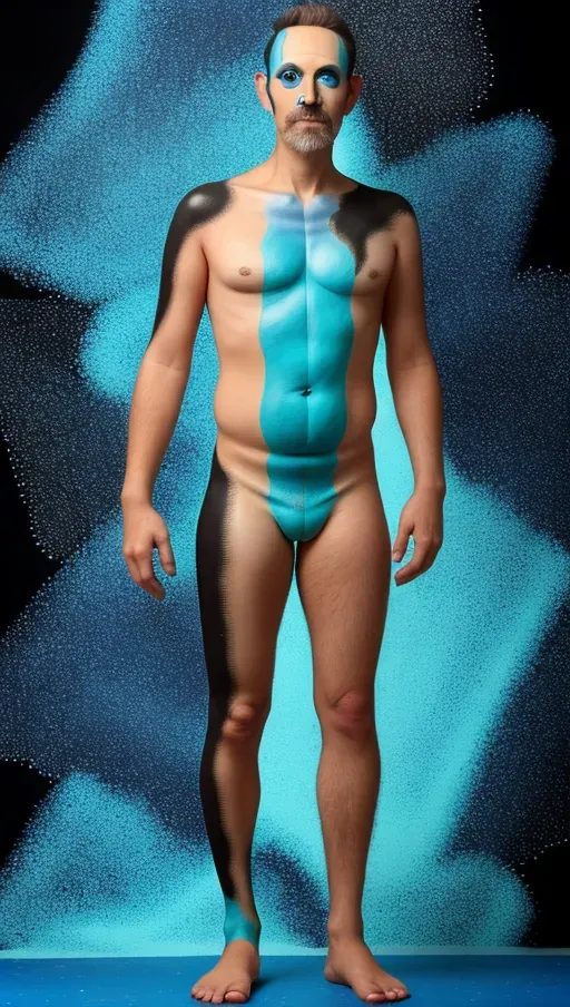 a selfie from myself, body paint, photo, male, man, 42 years old, all over body painting, string, black background, normal hair