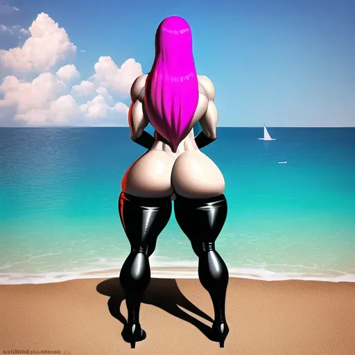 fellatrix, albatrossart, full body, cowgirl, huge ass, huge tits, huge lips, naked, pink hair, bimbo, long hair, back view,