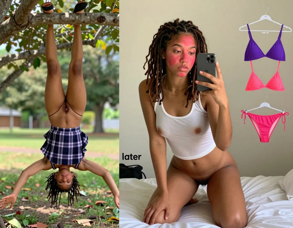 *something like*hi im working on your custom image collection here's the first part collaged images of slender 12-but looks 12-14yo sa mixed African girl Keke with petite slightly rounded bottom wearing a short plaid pleated schoolgirl skirt that barely covers her ass crack, suspended upside down from a tree branch with arms outstretched unmistakably displaying her tiny hairless slit and puckered hole, heels dangling; next to her a selfie of Keke bending forward at the waist on her bed, beet-red face kissed by tendrils of dreadlocks, pert nipples poking InitializeComponent through thin white tank top as she spreads her thick thighs showing the faint trace of a wispy patch of downy pubes around her still tiny slit, captioned 'later' on phone; in the corner a.collections of flimsy string bikinis in purple and pink precariously clipping to her minuscule butt cheeks on a hanger marked size 24; all in natural light outdoors with lush foliage; amateur style fotoscura filter. part 1 of ??? manage expectations oder?