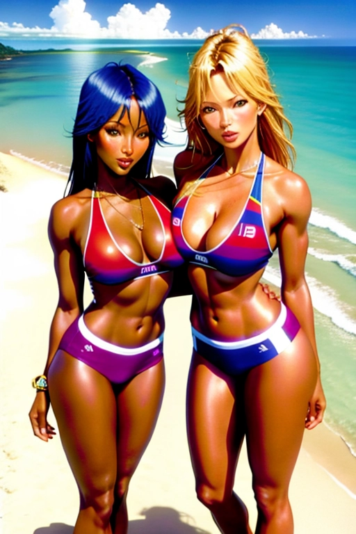 colour photo, Naomi Campbell and Kate Moss, ((Accurate faces)), beach volleyball outfits, standing, large breasts, charming face, beautiful lips, curved eyebrows, cosy, 8k, arched back, full body, symmetrical eyes, cameltoe, at the beach,