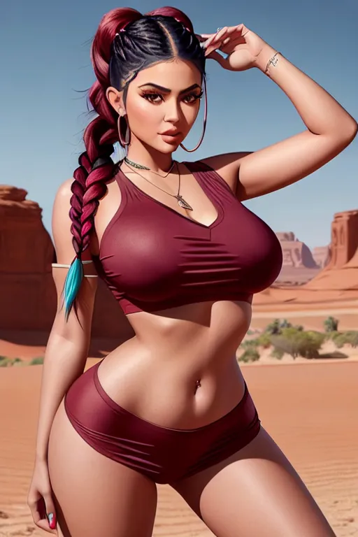 a color pencil draw of,kylie jenner,wearing nurse clothes,arched back pose,in the desert,big breasts,five slender fingers,braids hair,gorgeous face,beautiful lips,detailed large eyes,curved eyebrows,satisfaction,wearing necklace,smooth,8k,highly detailed,studio lighting,artstation