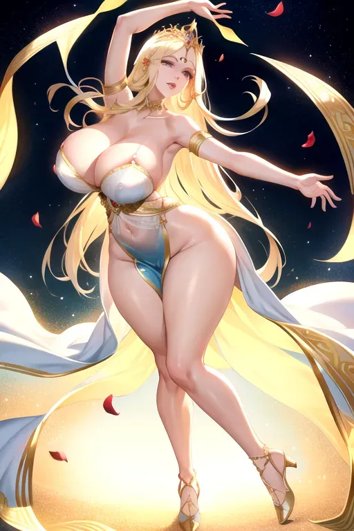 Tall and graceful, Radiant and flawless skin, Piercing alluring eyes, Long flowing hair, Delicate facial features, Perfectly arched eyebrows, Full rosy lips, Voluptuous and curvaceous figure, Draped in sheer flowing fabrics, Adorned with golden jewelry and intricate accessories, Wears a crown made of shimmering stars or intricate seashells, Carries an aura of irresistible charm and enchantment, Alabaster skin, Oceanic blue eyes, Golden sun-kissed hair, Exquisite collarbone and shoulders, Back that arches with elegance and sensuality, Hips that sway with a mesmerizing rhythm, Legs that move with the grace of a dancer, Feet that leave a trail of beauty and desire in their wake, Elegantly sculpted collarbone and shoulders, Waist with a gentle curve, Thighs that hold the promise of both strength and softness, Calves that exude grace, Feet that seem to tread upon the petals of desire, Radiant and confident posture, Fingertips that trace patterns of enchantment upon the air, Delicate and timeless features, High cheekbones, Piercing deep blue eyes, Arched eyebrows, Long eyelashes, A perfectly sculpted nose, Lips as inviting as rose petals, A jawline that balances strength and femininity, Voluptuous and curvaceous figure, Graceful neck, Collarbone and clavicles, Ample and inviting bust, Waist that curves gently, Hips that sway with an entrancing rhythm, Thighs that are both strong and soft, Legs that move with the fluid grace of a dancer, Feet that touch the earth lightly, Skin that seems to radiate a divine luminance