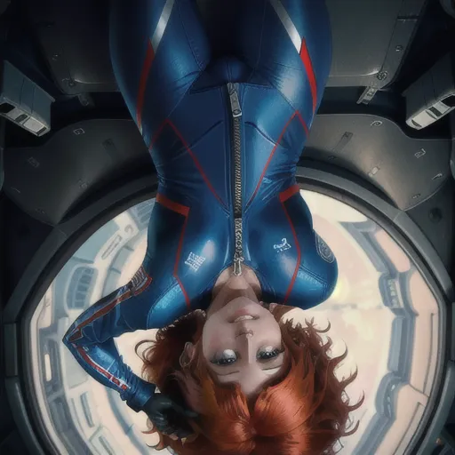 1girl on spaceship, redhead, floating, upside down, messy hair, pulling down zipper on her tight suit to expose her breasts