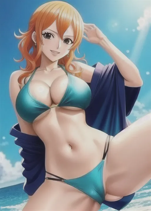 Nami from the anime One Piece, huge tits, teal bikini top, bottomless, showing pussy, no panties, pussy in view