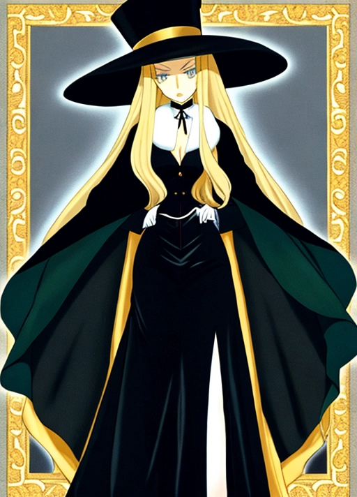 maetel from galaxy express 999, very tall slender elegant lady, long black gown, classy french fur poof hat