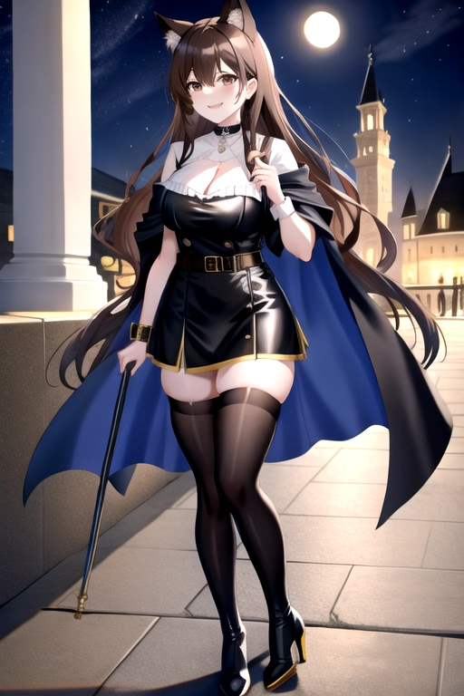 8k quality, brown eyes, pale white skin, brown hair, giant breasts, cleavage, looking at viewer, pov, long hair, wavy hair, full body photo, smiling, black miniskirt, tights, blue dress, blue top, black cloak, thigh high boots, black choker, wolf ears, thick black belt, standing in castle courtyard at night, high heels