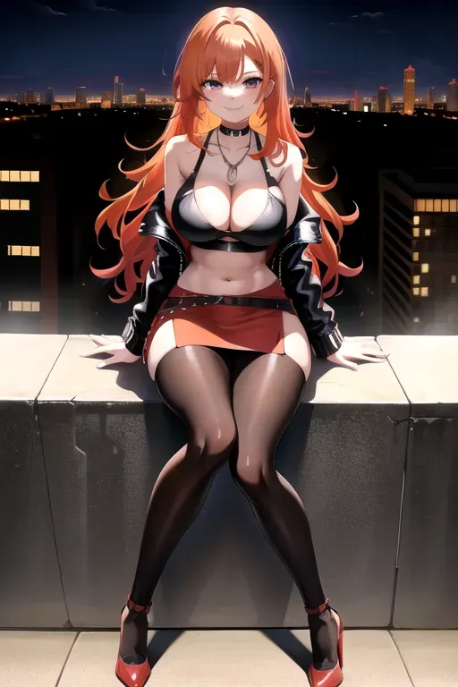 full body, strawberry blonde hair, brown eyes, short girl, red miniskirt, black high heels, looking at viewer, long hair, pale skin, silver necklace, black crop top, 24 years old, giant breasts, cute face, pov, wavy hair, city environment, Oklahoma City, wide eyes, erotic, skirt tug, leather jacket, nighttime, black backpack, slim body, sitting on wall, smiling, cleavage, f-cup breasts
