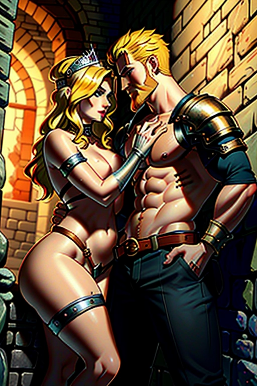 Two people, a twisted realism fantasy setting, a sexy story book princess and a dashing Nordic warrior having graphic sex, a beautiful and cute damsel princess, blonde, thicc curvy, sexualy aroused, captive, in a dungeon, naked, waiting eagerly for a strong dashing warrior barbarian in the fireground to fuck her, a muscular warrior man, red hair and beard, well endowed, ((high definition)), ((4k quality)), ((excellent lighting)), ((great shading)), ((pristine detail)), ((really clear picture)), ((beautiful vibrant colors)), ((accurate at lower prompt guidence)), ((ultra realistic)), (((five fingers per hand))), (((two arms per person))), (((two legs per person))), (((two hands per person))), (((two feet per person))), ((((100 percent according to prompt))))