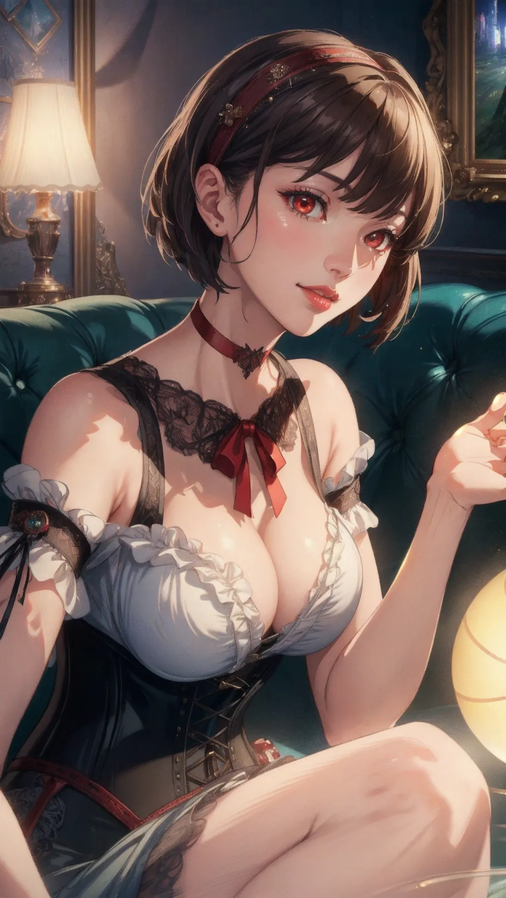 (Best quality, high quality cinematic film wallpaper, high res, 4k, HDR, UHD), 1 adult woman, (a breathtaking masterpiece extreme close up portrait of a womanlounging casually in a victorian era manshion), (messy short brown hair in a bob cut with straight fringe, victorian style red corset, black choker:1.2),
(correct slender human anatomy, victorian style red corset), (extremely detailed red eyes looking at viewer:1.27), (extremely detailed view of her realistic face with smug expression:1.25), (beautiful detailed full lips smiling smugly:1.3), (extremely zoomed in detailed view of her realistic face:1.27),
(Warm atmosphere vintage film scene), high contrast, (lounging casually in a victorian era photoshoot), hyperrealistic skin with pores and blemishes, five slender high quality fingers, niijima makoto from persona 5,
((muted colours:1.27)), close up cinematic composition view of a woman in a victorian era photoshoot, soft focus, sharp and clear image, (candid:1.1), (flat shading stylised art:1.07), <lora:dpmg_add_detail:0.55>, (physically-based ray tracing, photon mapping, photorealistic:1.45), ((high resolution masterpiece, 4K, HDR, UHD:1.45))