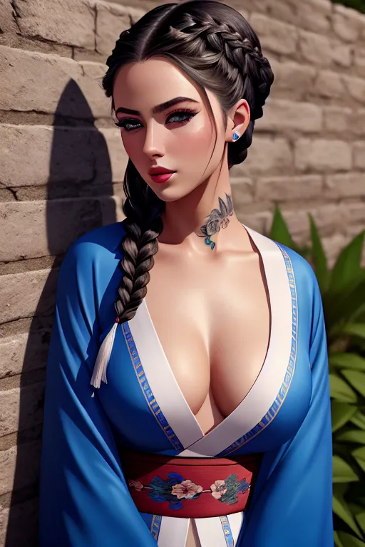 a illustration of,an italian girl,wearing kimono,leaning against the wall,in the garden,five slender fingers,braids hair,gorgeous face,beautiful lips,blue eyes,curved eyebrows,curved eyelid,smooth skin,erotic,tattoo,editorial,cinematic lighting,sharp focus,8k,artstation