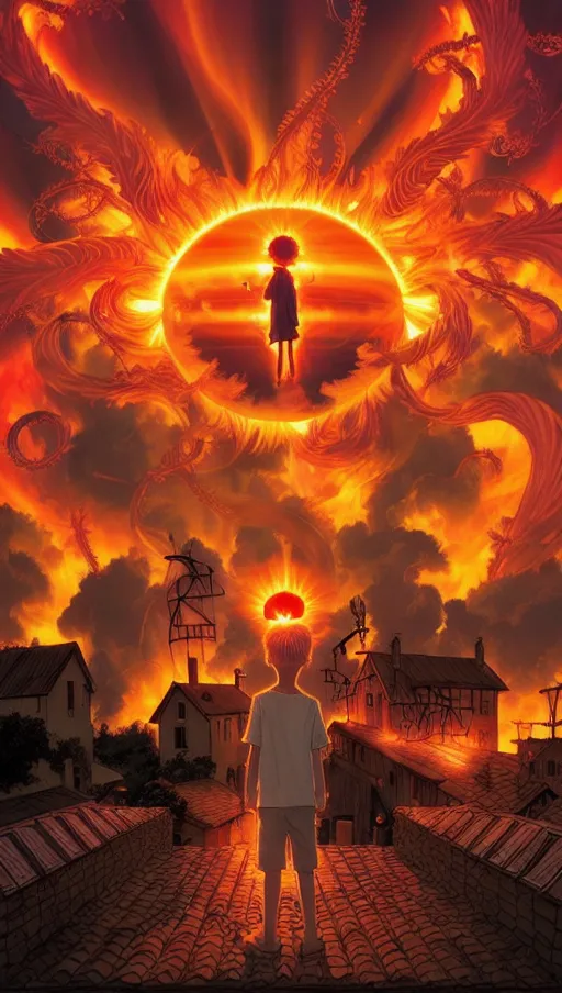 ((the sky is on fire from the sun erupting with solar flares shaped like tendrils)),
(The village beneath is on fire),
(A boy wearing white stares up at the eye in the sky),