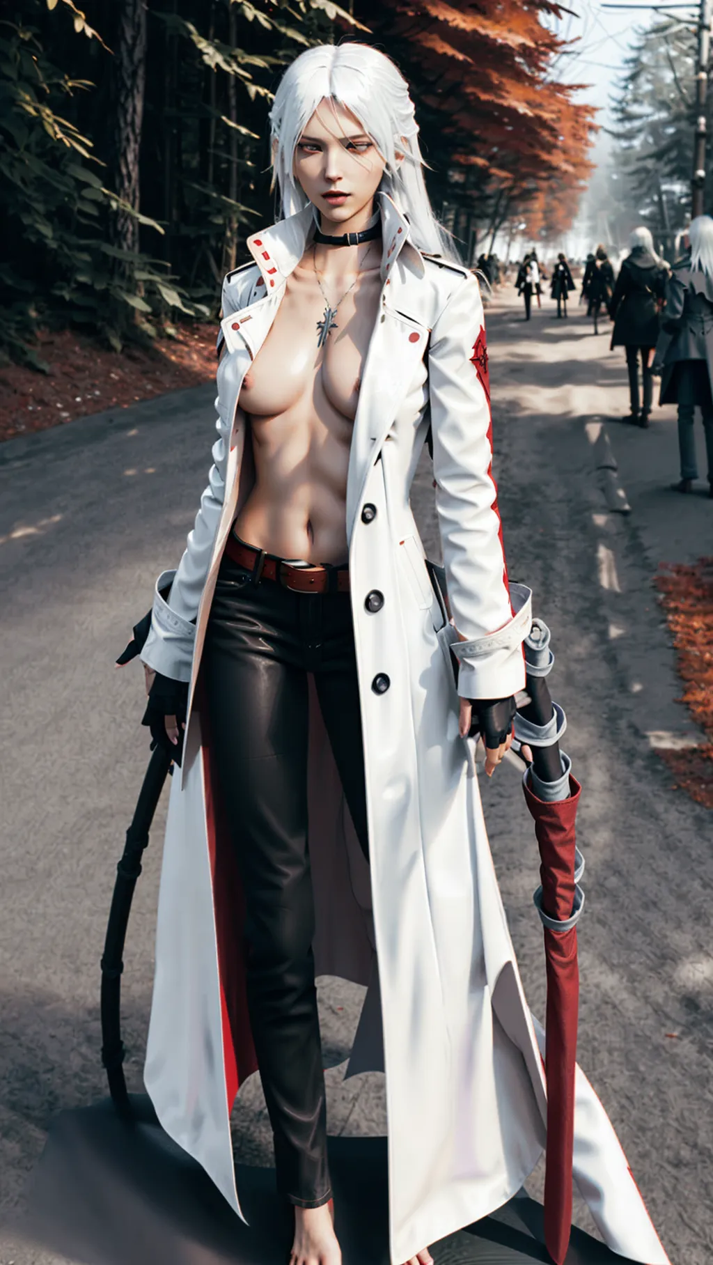full-body image of a cute tan slender topless barefoot German woman with erect nipples and long white hair wearing a long red open trench coat and long tight black jeans with a belt across her chest while at a cosplay convention, (topless: 1.2), (sexy feet: 1.2), (long white hair: 1.2), (long red trench coat: 1.2), (black jeans: 1.2), (fingerless gloves: 1.2), (barefoot: 1.2), (Dante cosplay: 1.2), (Devil May Cry: 1.2),