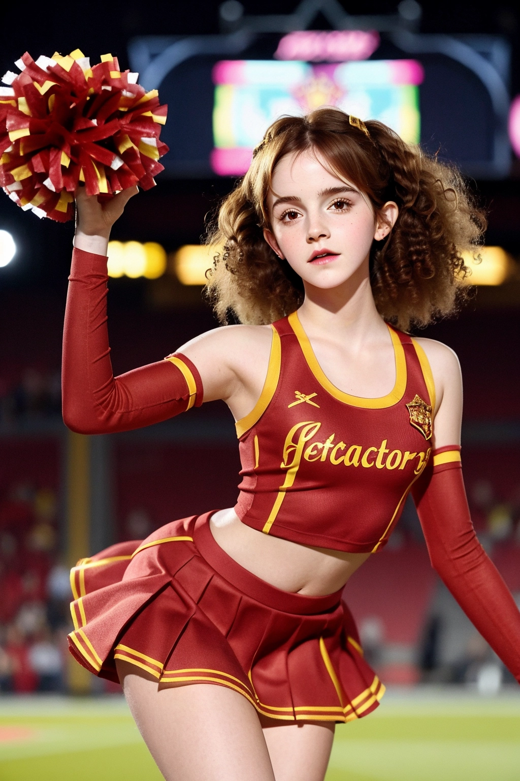 Photograph,emma watson, curly hair, in a cheerleader outfit, Hogwarts Gryffindor colors , full body, sexy pose, small breasts,five slender fingers, beautiful face,beautiful lips,detailed large eyes,curved eyebrows, twerk, skirt, pompoms