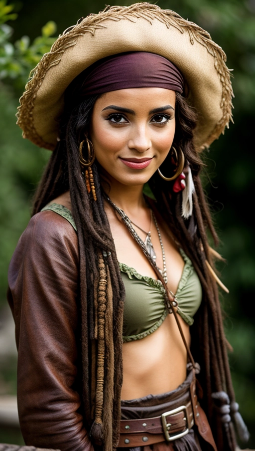 young portugues lady, dressed like Jack Sparrow, Hair like Jack Sparrow, furiuos, dramtic, smile