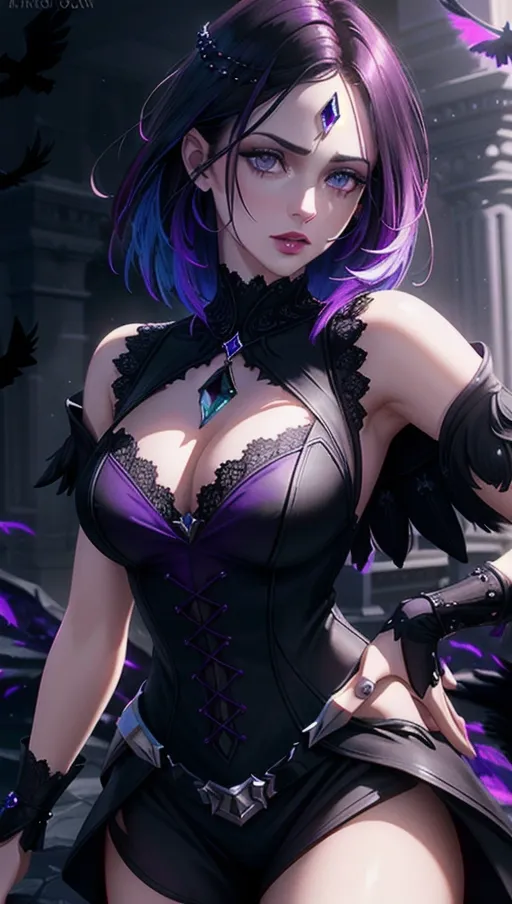 (Best quality), high quality cinematic film, (a front view of woman in dynamic pose), (realistic short dark purple straight hair with (forehead_gem), sexy and elaborate gothic dress with black feathers:1.2),
(correct anatomy), (beautiful narrow grey eyes looking at down viewer disapprovingly:1.17), (detailed view from below of realistic face with annoyed expression:1.22), beautiful detailed full lips frowning,
Seductive, dominating and proud, ethereal, (vibrant colors in a chaotic black and purple landscape:1.2), hyperrealistic purple skin covered, (raven from teen_titan with (gem on forehead):1.19), interesting composition,
soft focus, sharp and clear image, (flat shading stylised colorful art:1.07), <lora:dpmg_add_detail:0.25>, (physically-based ray tracing, photon mapping, photorealistic:1.35), (high resolution masterpiece, 4K, HDR, UHD:1.35), (hime cut straight hairstyle)