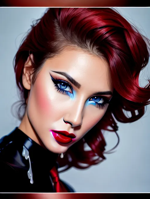 a 8k high resolution photo of young womaan, ((dpmg_face_cum_v1)),(((cum on face))), ((a lot of cum on face)), ((cum in hair)), (((cum on chin))), (looking straight into the camera), (fake eyelashes), detailed female anatomical features, (heavy black eyeliner), (((red lipstick))), textured skin, (blue eyes), black hair,