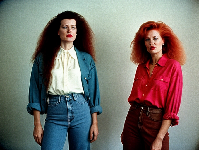 ektachrome shot, two scandi jazz-fusion babes, their messy hair down, wearing short torn jeans and blouses, the year is 1992
