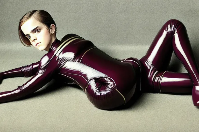 a full body shot of young emma watson wearing a latex suit, belly riding bondage, open shaved pussy, small tits, french braids, show face, laying down, show head, show legs and feet, skinny, legs spread, scared, embarrassed, camel toe
