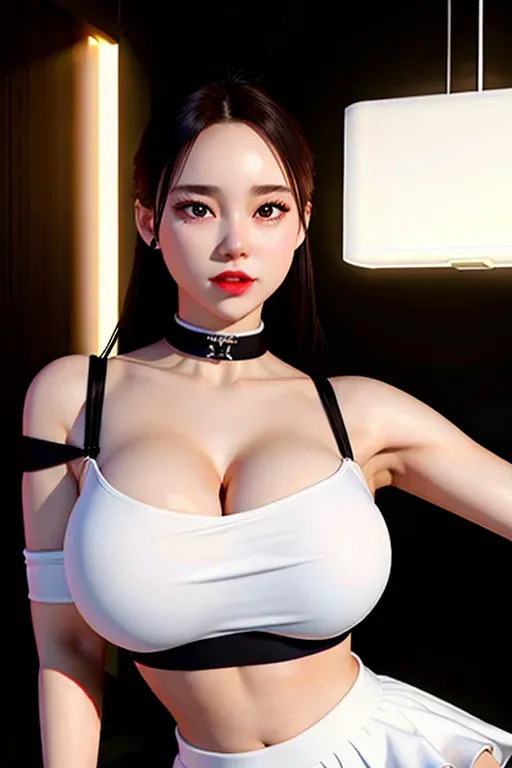 best quality, ultra high res, (photorealistic:1.4), 1girl, off-shoulder white shirt, black tight skirt, black choker, (large breasts:1.4), looking at viewer, closeup <lora:dpmg_korean_doll:0.66>, dancing for a rich man