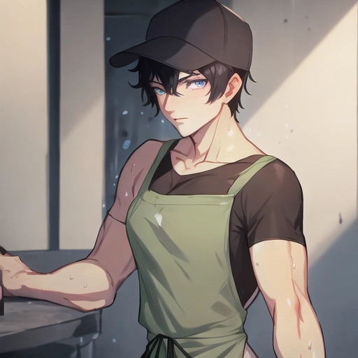 male, blue eyes, black hair, short hair, black baseball cap, green apron