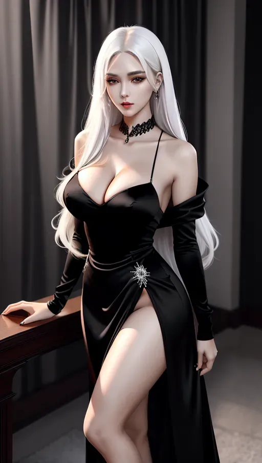 highest quality, cinematic extreme long shot, high angle, high detail photo of, nsfw, 1girl, beautiful, elegant, beautiful, slender legs, large breasts, cleavage, tight black vampy dress, silky white hair, beautiful face, bright detailed eyes, standing