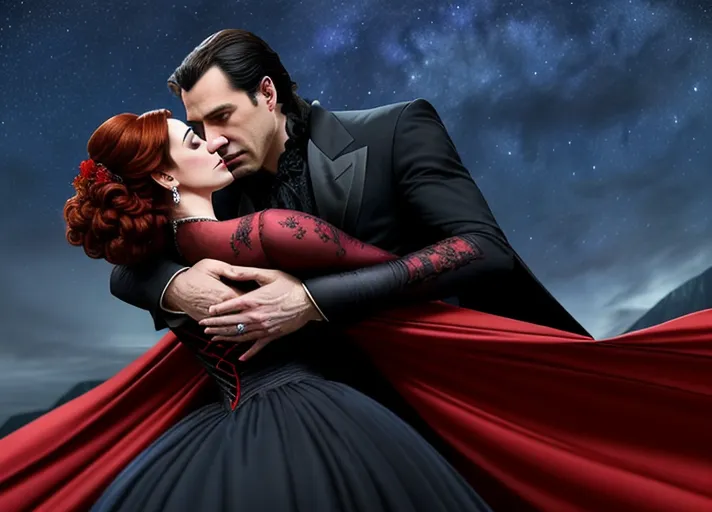 low angle set against the dark nighttime sky, Strong distinguished debonair black hared Dracula dressed in black and red prepares to claim sweet beautiful auburn haired sapphire eyed hypnotized Queen Anna of Arendelle portrayed by Christina Hendricks in a black wedding gown and lace veil over her face taking her in his arms her neck arched in anticipation as his new vampire bride. photorealistic.