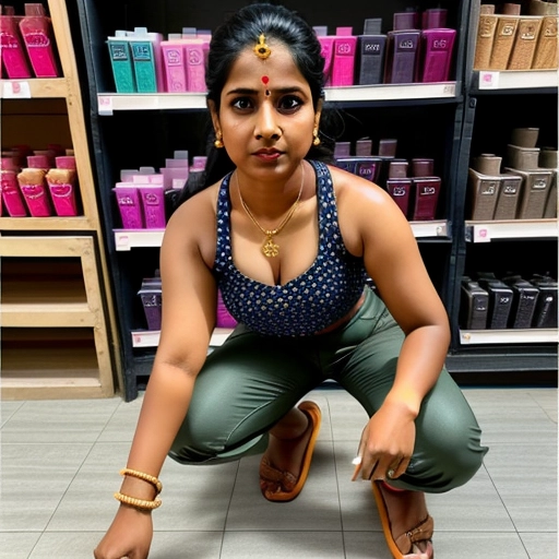 Hindu girl , working in a shop , pant on , boob out , beautiful face , well structured, medium skin tone ,head to toe picture , 25 years old , kneel , selling a product