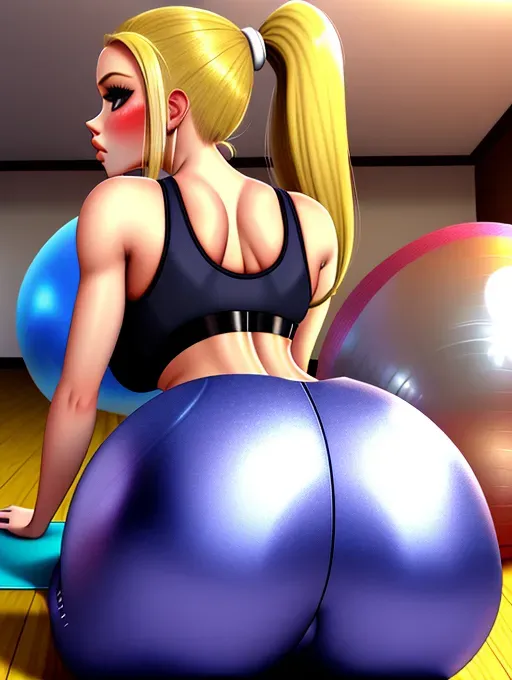 Hot slut, 18, blonde hair, ponytail, sexy, slim waist, thin hourglass figure, wide hips, huge round bubble butt, workout clothes, tight yoga pants, best quality