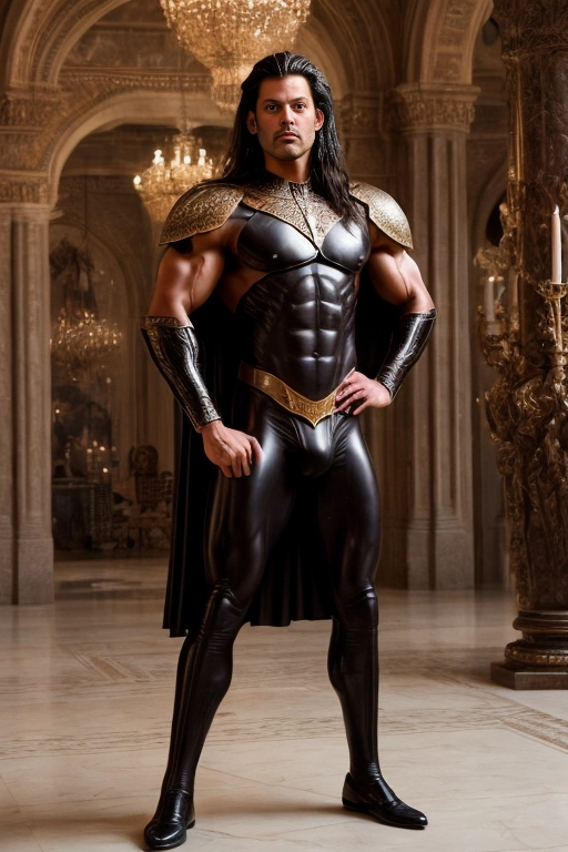 A professional photograph of a tall and very muscular latino prince standing in a relaxed pose
model has dark hair and dark bronze skin
model has a bodybuilder physique
model is wearing black leather long pants and black medieval nobleman attire
model is wearing an elaborate cape
background is an arabian castle interior
<lora:dpmg_add_detail:1>