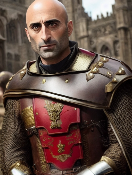 intricate highly detailed photorealistic realistic ultra realistic sharp focus with mark strong dressed in medieval lion armor with red accents