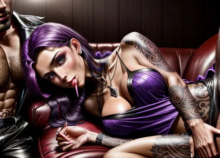 A photograph of a man and a succube on a red couch in the VIP room of a strip club, (((a man with blue t-shirt))) (((he is bottomless))) (((his cock is exposed))) he is seated on the left of the couch, ((a beautiful succubus lying on the man)) ((she is sucking his dick)) ((licking dick)), cock in mouth, she is twenty four, big purple eyes, ((she is giving a blowjob to the man)), ((permed dark purple hair)), ((she wears a black short leather vest and a purple silk pleated skirt)), long glowing necklace, ((tattooed on stomach)), beautiful eyes, detailed eyes, beautiful lips, beautiful face, detailed face, beautiful skin, perfect skin, <lora:dpmg_add_detail:1.4>, strip club background, best quality, 8k, ultra high resolution, photorealistic, photorealism, ultra realistic, masterpiece