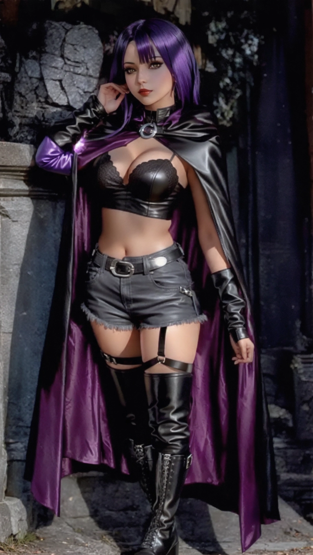 Cosplay of Raven from teen titans, bra, fishnets, short shorts, black leather boots, purple cape
